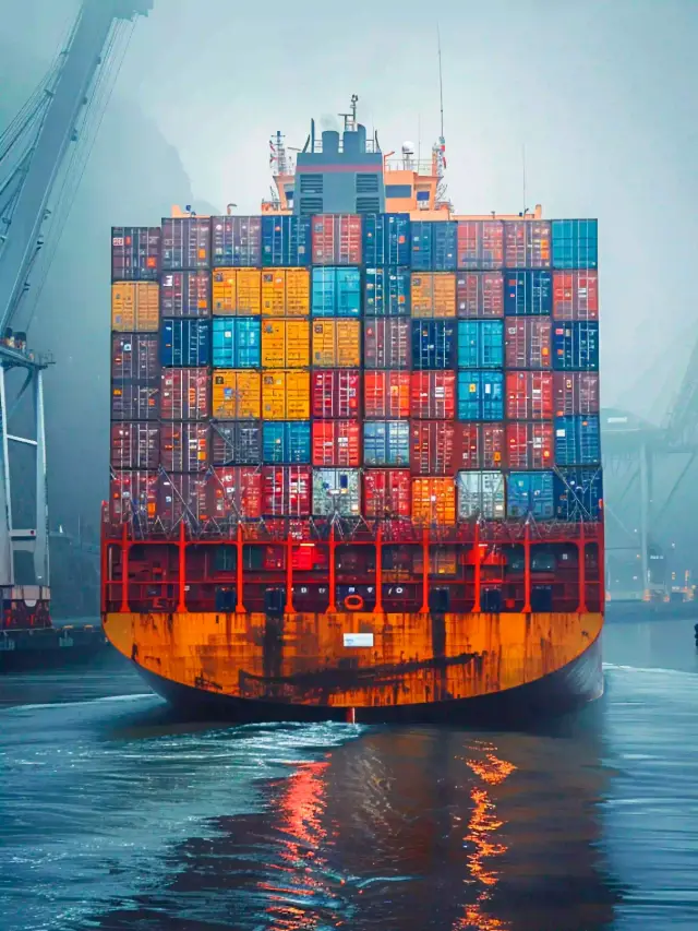 Vue arrière d'un grand navire porte-conteneurs chargé de caisses multicolores naviguant dans un port brumeux.